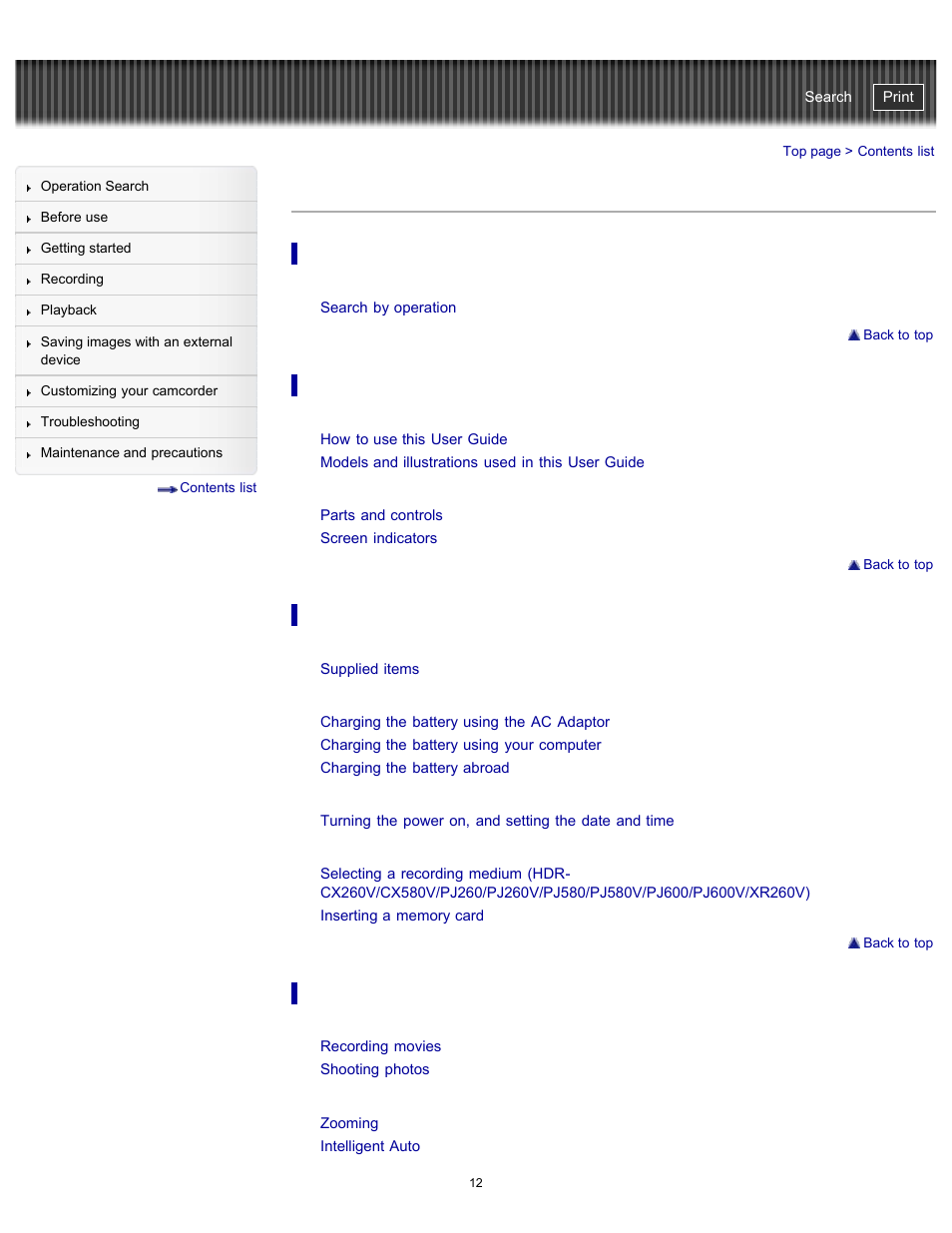 Contents list | Sony HDR-PJ580V User Manual | Page 21 / 257