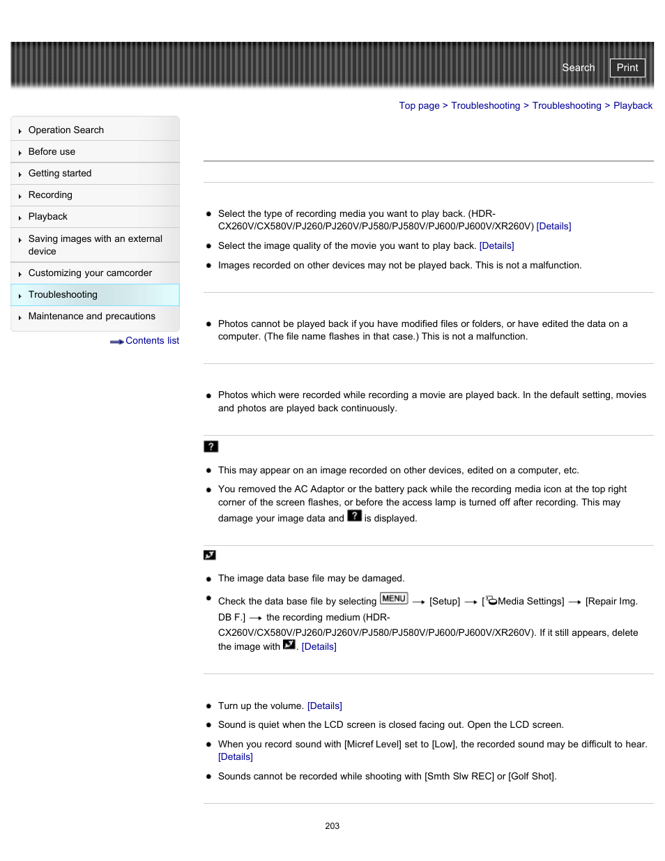Playback, Handycam" user guide | Sony HDR-PJ580V User Manual | Page 212 / 257