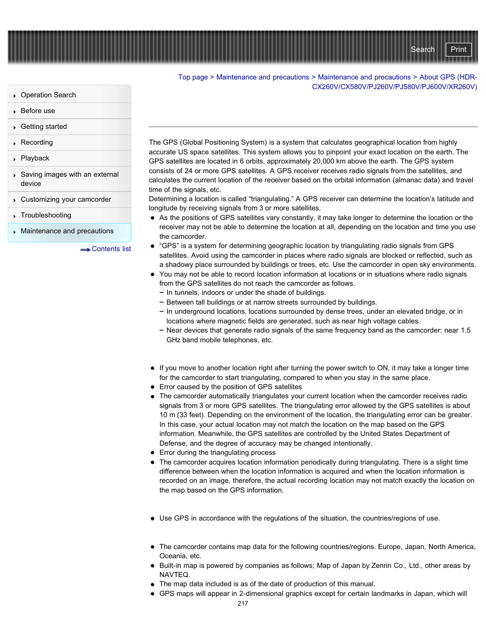 About gps, About gps (hdr, Cx260v/cx580v/pj260v/pj580v/pj600v/xr260v) | Sony HDR-PJ580V User Manual | Page 226 / 257