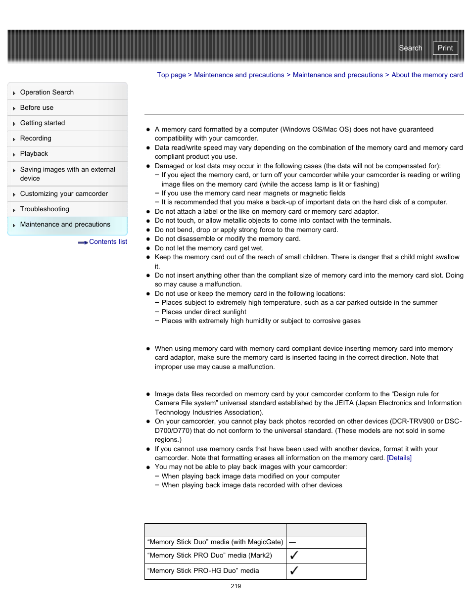 About the memory card, Details, Handycam" user guide | Sony HDR-PJ580V User Manual | Page 228 / 257