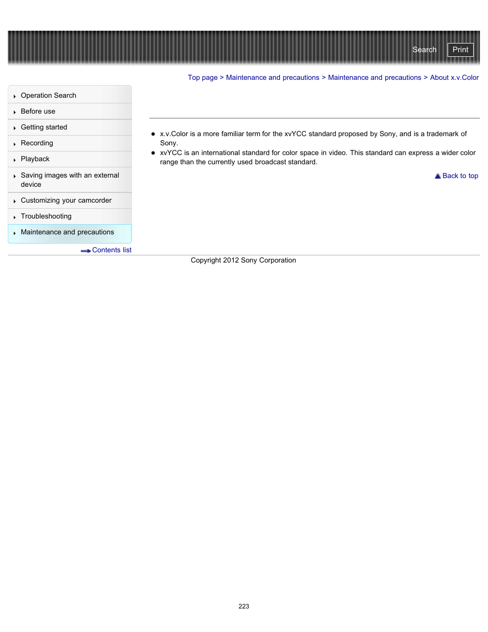 About x.v.color, Handycam" user guide | Sony HDR-PJ580V User Manual | Page 232 / 257
