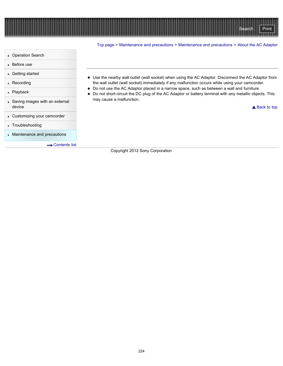 About the ac adaptor, Handycam" user guide | Sony HDR-PJ580V User Manual | Page 233 / 257