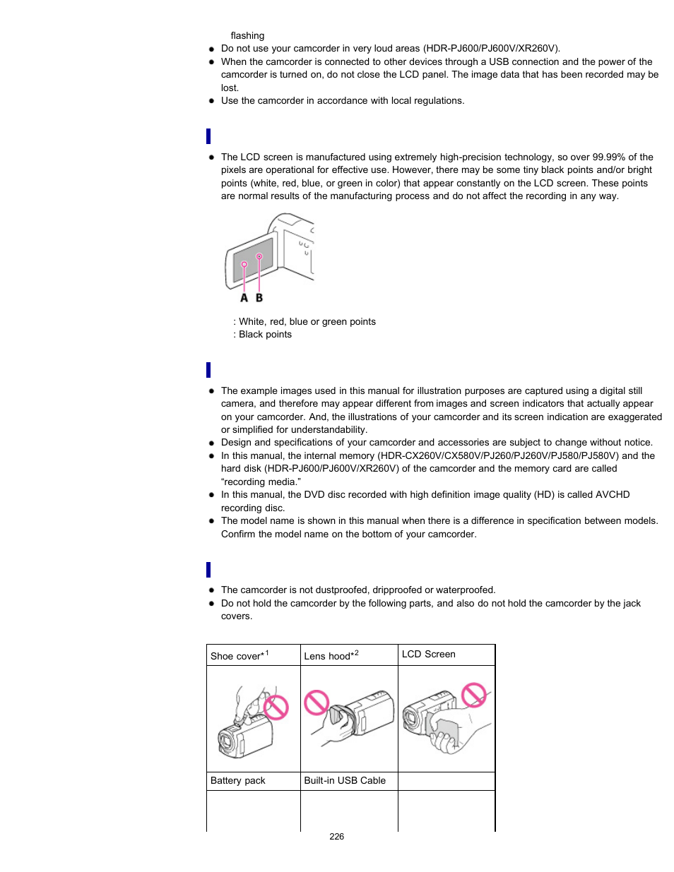 Lcd panel, On use and care | Sony HDR-PJ580V User Manual | Page 235 / 257