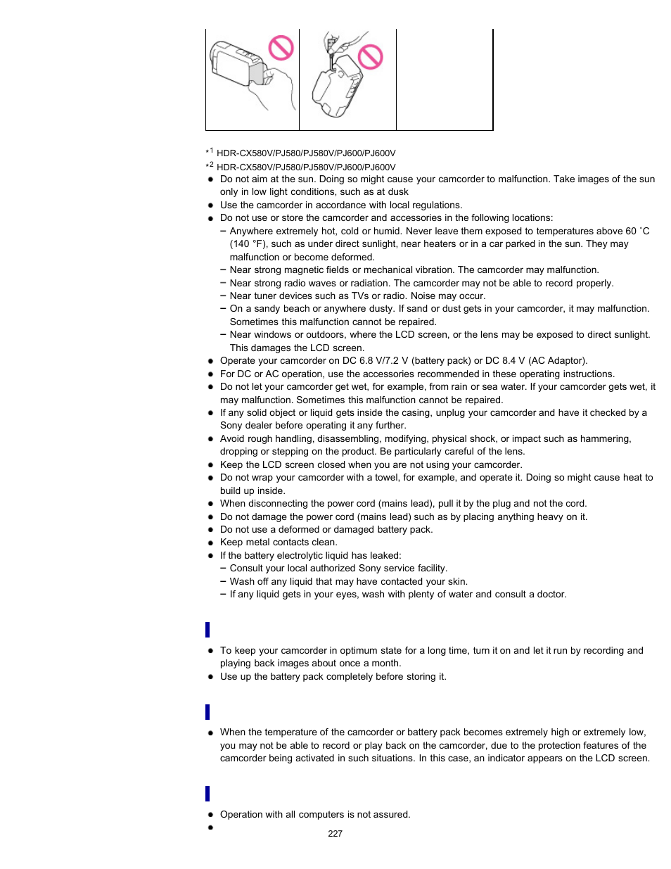 When not using your camcorder for a long time, Note on the camcorder/battery pack temperature, Notes on charging through the usb cable | Sony HDR-PJ580V User Manual | Page 236 / 257