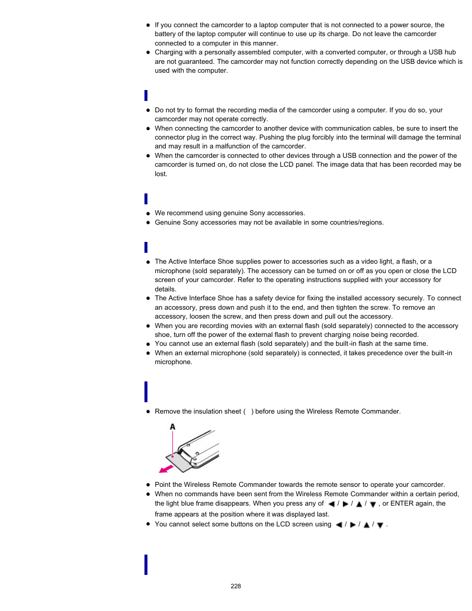 Notes on optional accessories, Active interface shoe, Notes on the wireless remote commander | When the camcorder is connected to a computer or, Accessories, Pj260/pj260v/pj580/pj580v/pj600/pj600v) | Sony HDR-PJ580V User Manual | Page 237 / 257