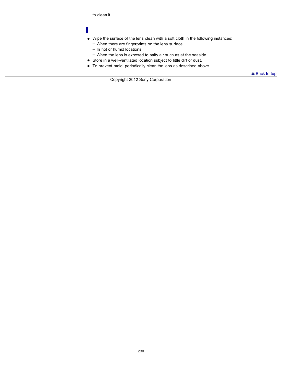 About care and storage of the lens | Sony HDR-PJ580V User Manual | Page 239 / 257