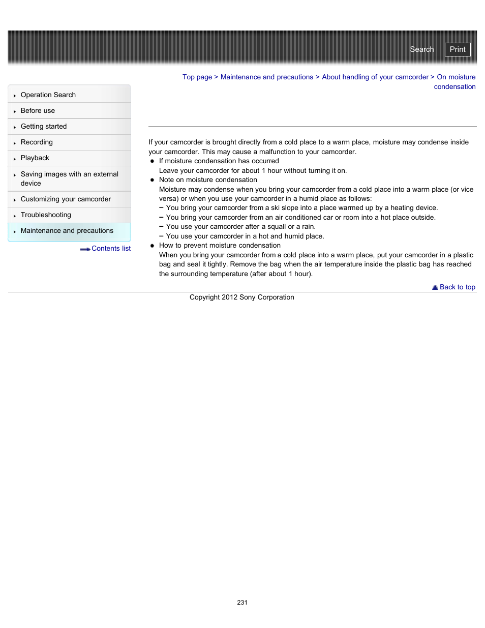 On moisture condensation, Handycam" user guide | Sony HDR-PJ580V User Manual | Page 240 / 257