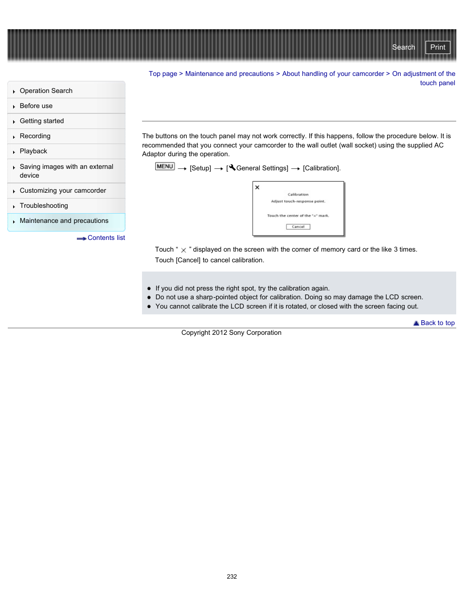 On adjustment of the touch panel, Handycam" user guide | Sony HDR-PJ580V User Manual | Page 241 / 257