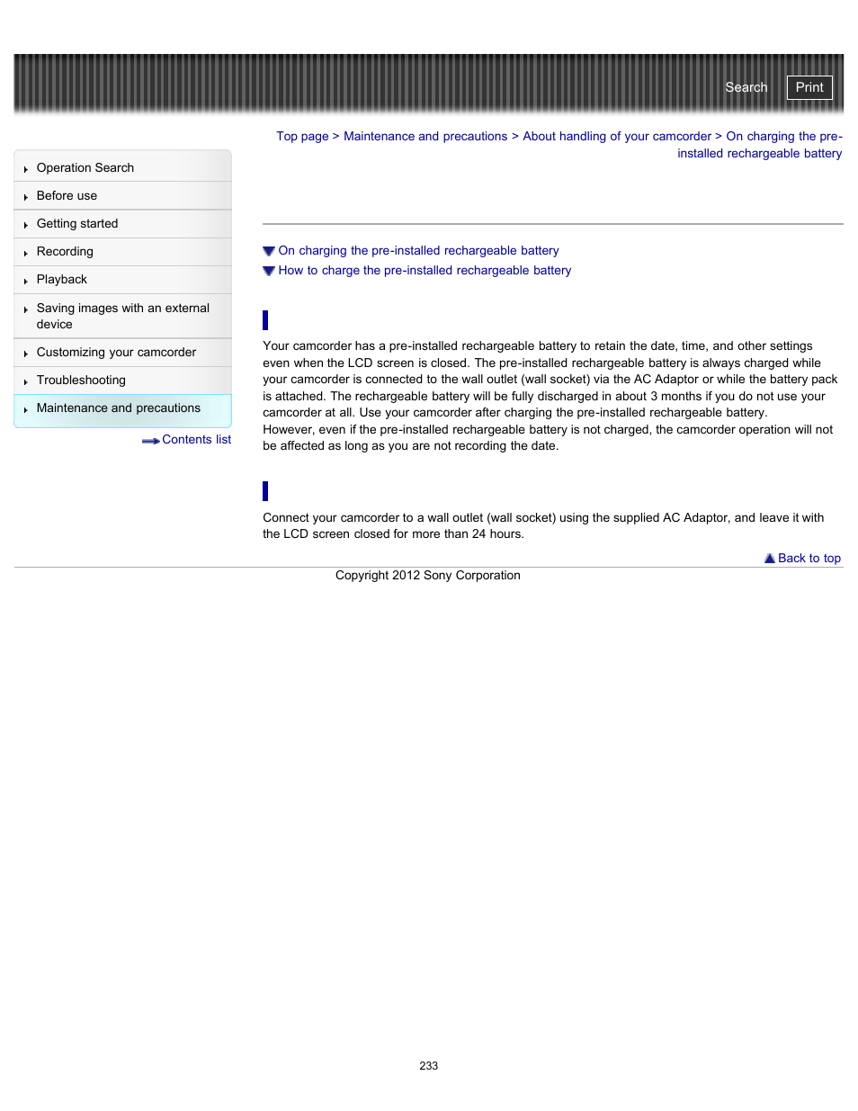 On charging the pre-installed rechargeable battery | Sony HDR-PJ580V User Manual | Page 242 / 257