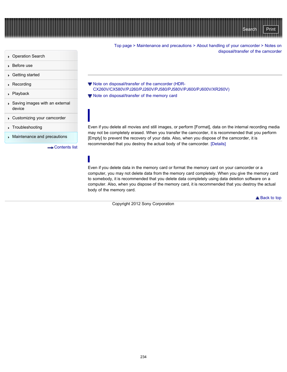 Notes on disposal/transfer of the camcorder | Sony HDR-PJ580V User Manual | Page 243 / 257