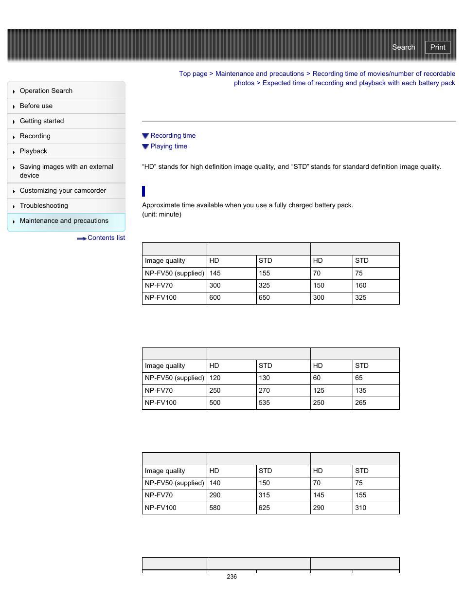 Recording time, Handycam" user guide | Sony HDR-PJ580V User Manual | Page 245 / 257