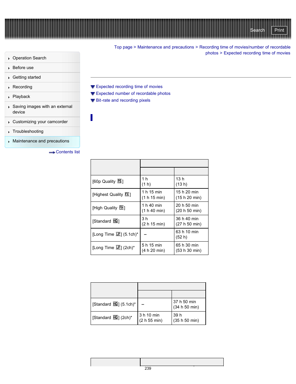 Expected recording time of movies, Details, Handycam" user guide | Sony HDR-PJ580V User Manual | Page 248 / 257