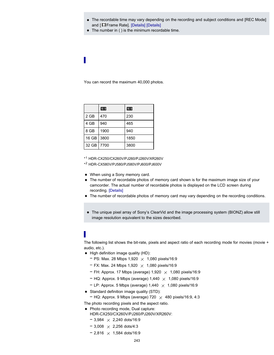 Expected number of recordable photos, Bit-rate and recording pixels | Sony HDR-PJ580V User Manual | Page 252 / 257