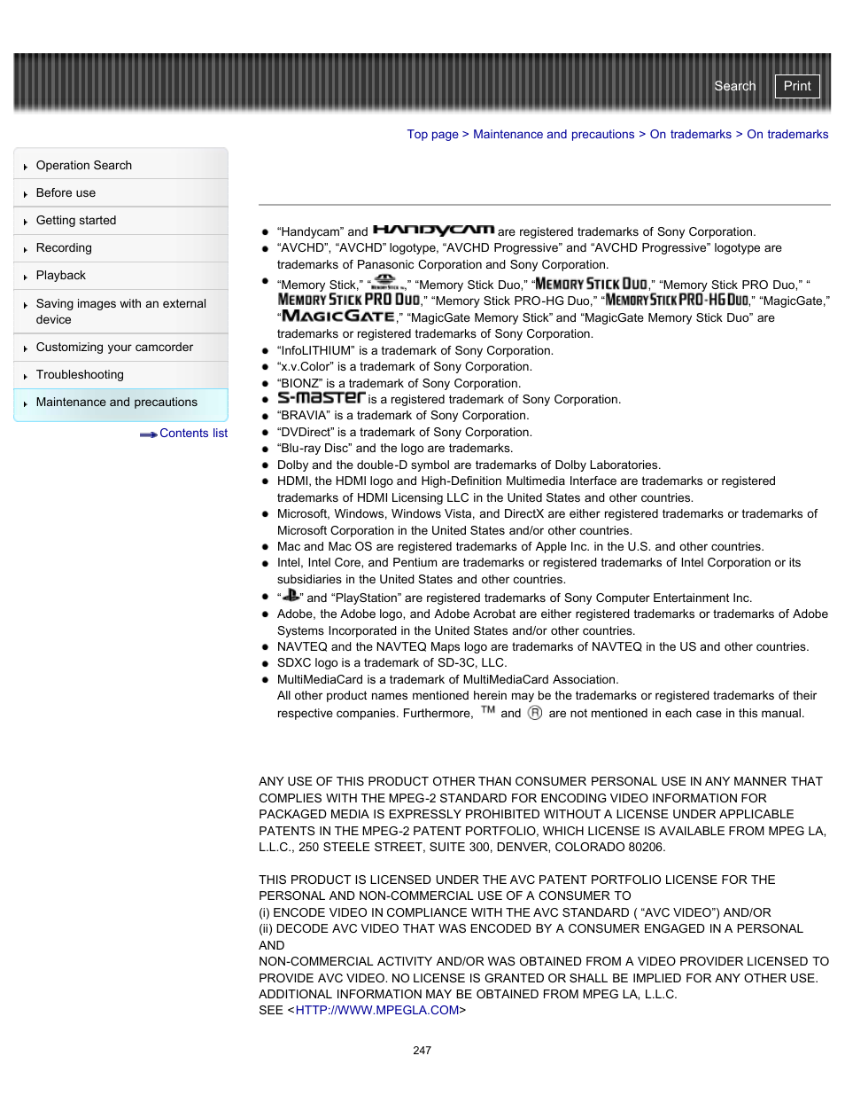 On trademarks, Handycam" user guide | Sony HDR-PJ580V User Manual | Page 256 / 257