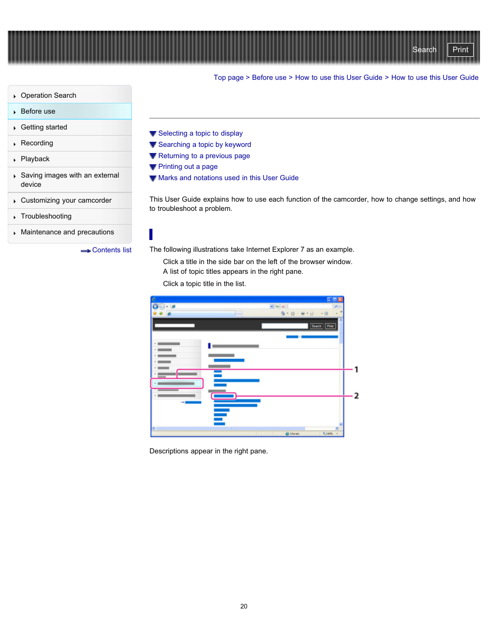How to use this user guide, Selecting a topic to display, Handycam" user guide | Sony HDR-PJ580V User Manual | Page 29 / 257