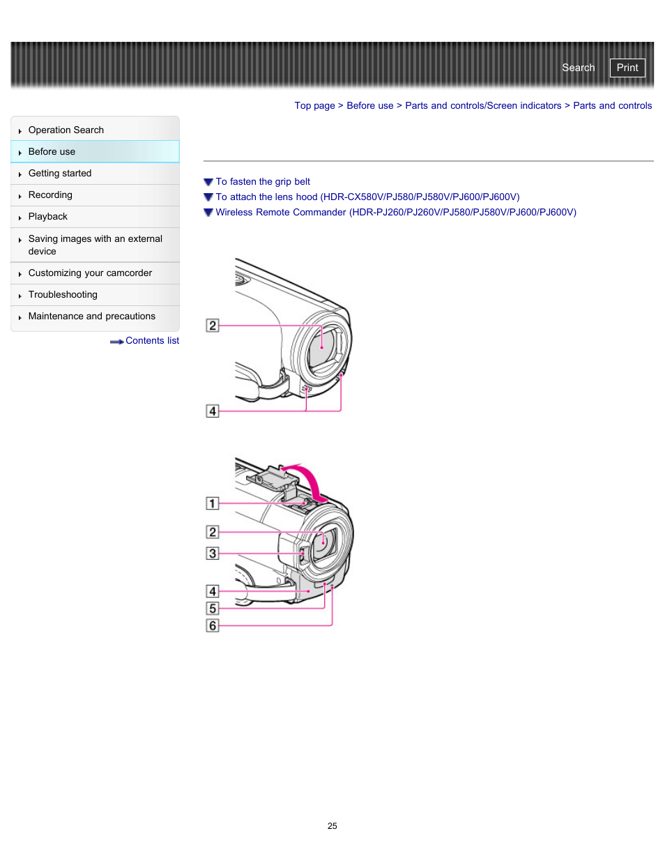 Parts and controls, Handycam" user guide | Sony HDR-PJ580V User Manual | Page 34 / 257