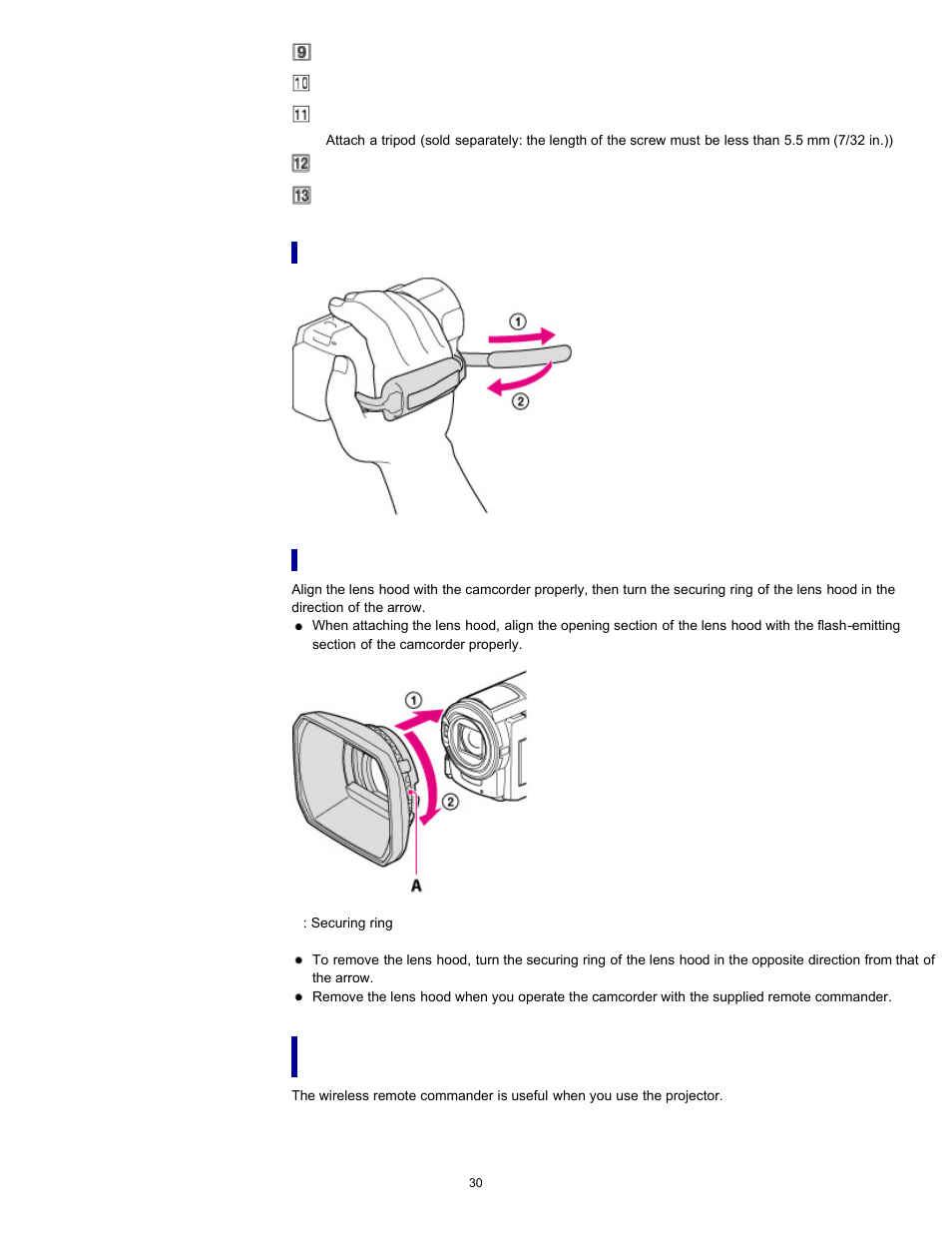 To fasten the grip belt, Pj600v), Wireless remote commander (hdrpj260/pj260v/pj580 | Pj580v/pj600/pj600v) | Sony HDR-PJ580V User Manual | Page 39 / 257