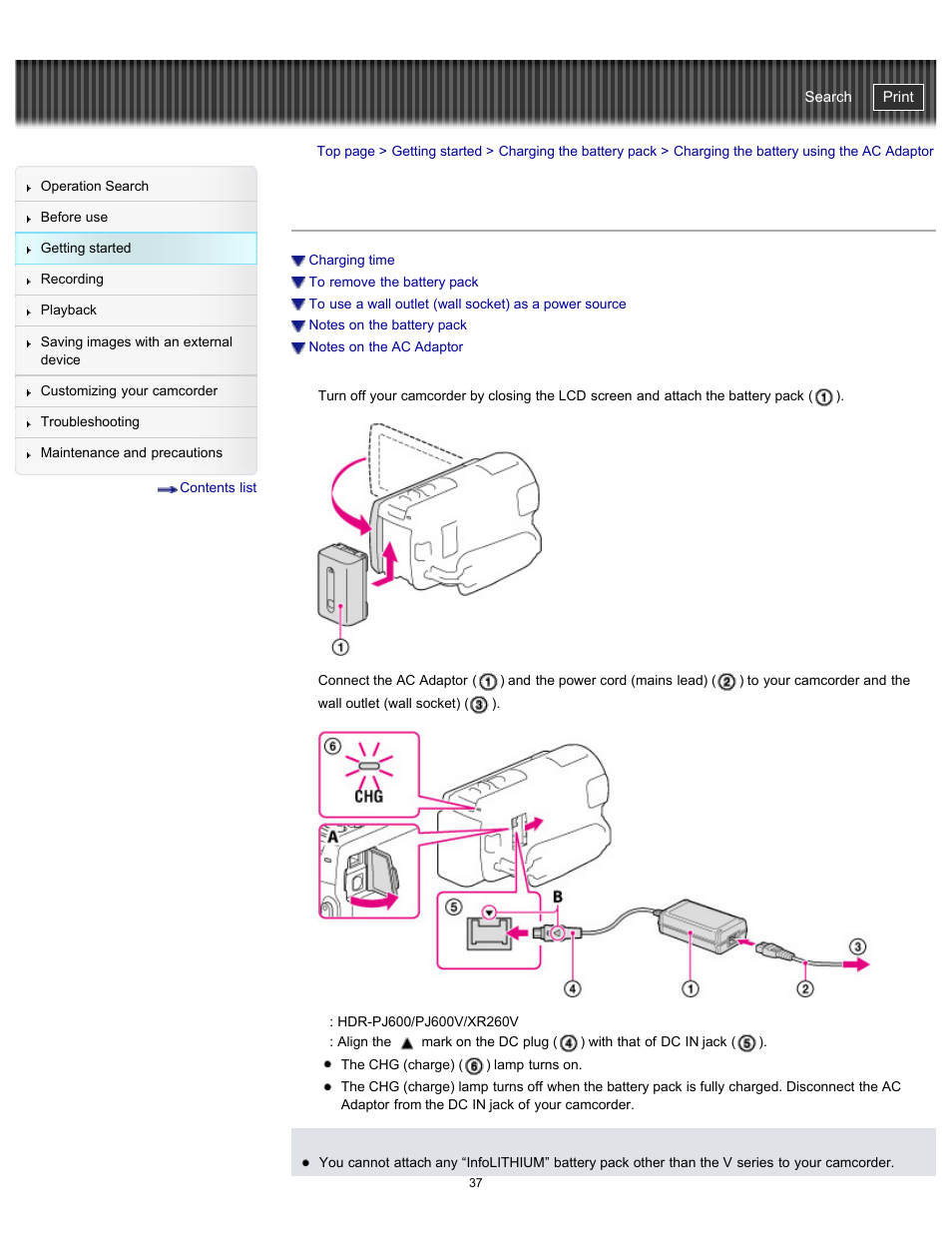 Charging the battery using the ac adaptor, Handycam" user guide | Sony HDR-PJ580V User Manual | Page 46 / 257
