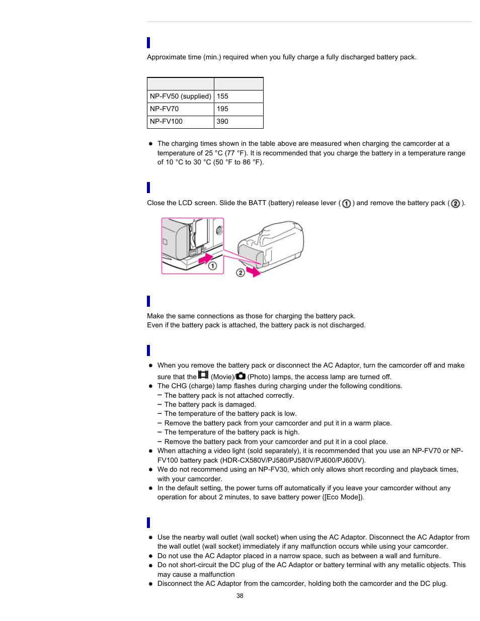Charging time, To remove the battery pack, Notes on the battery pack | Notes on the ac adaptor | Sony HDR-PJ580V User Manual | Page 47 / 257