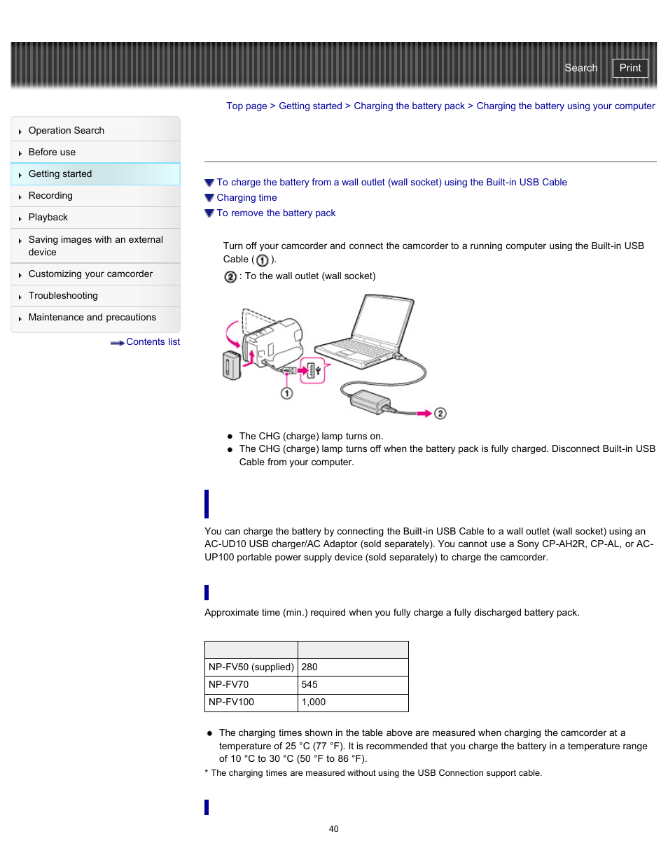 Charging the battery using your computer, Charging time, To remove the battery pack | The builtinusb cable, Handycam" user guide | Sony HDR-PJ580V User Manual | Page 49 / 257
