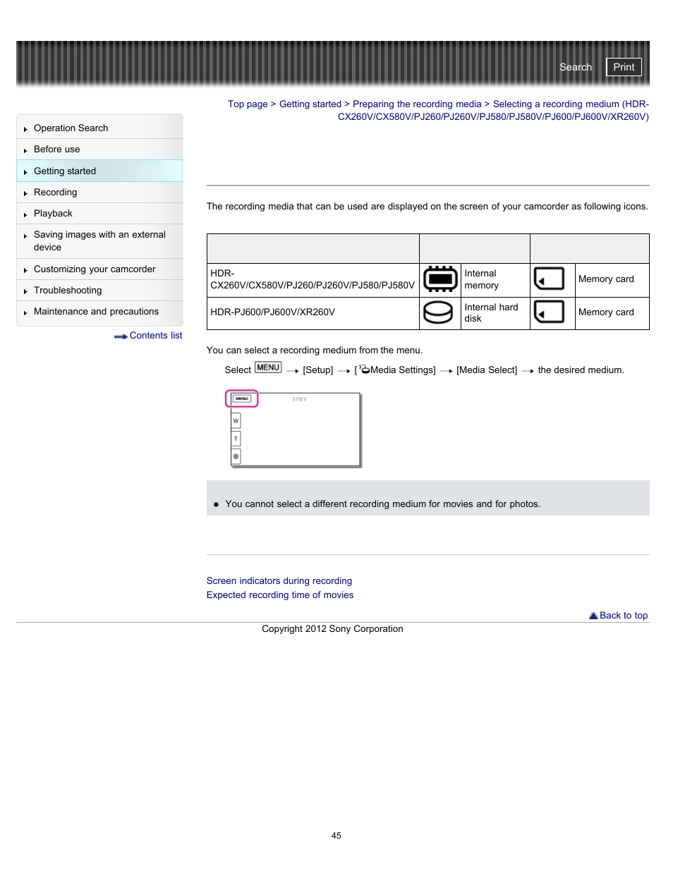 Selecting a recording medium, Selecting a recording medium (hdr | Sony HDR-PJ580V User Manual | Page 54 / 257