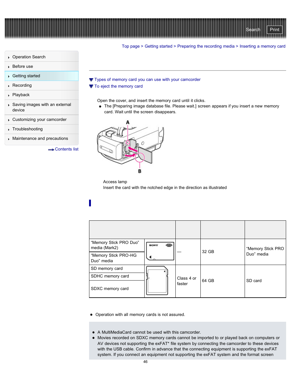 Inserting a memory card, Handycam" user guide | Sony HDR-PJ580V User Manual | Page 55 / 257