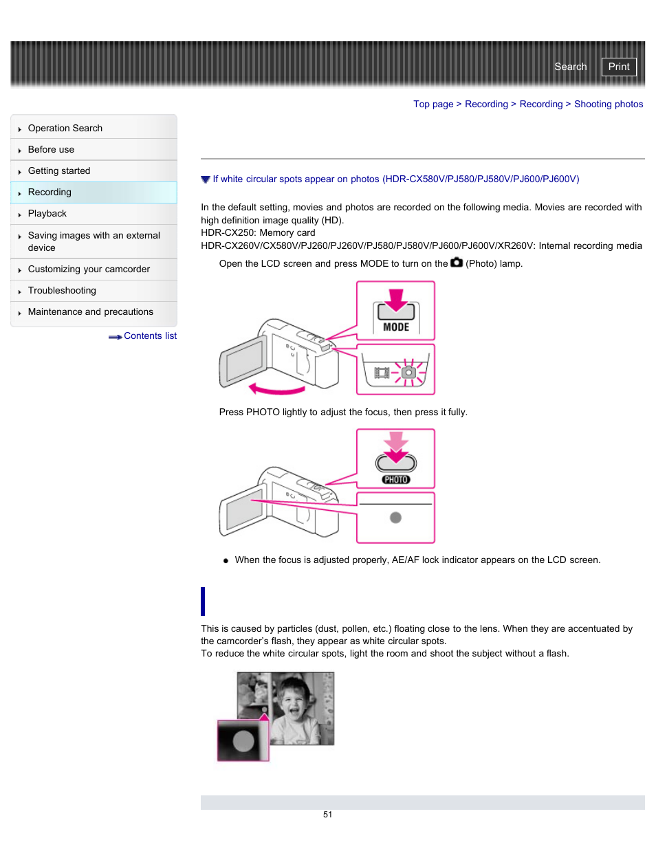 Shooting photos, If white circular spots appear on photos | Sony HDR-PJ580V User Manual | Page 60 / 257