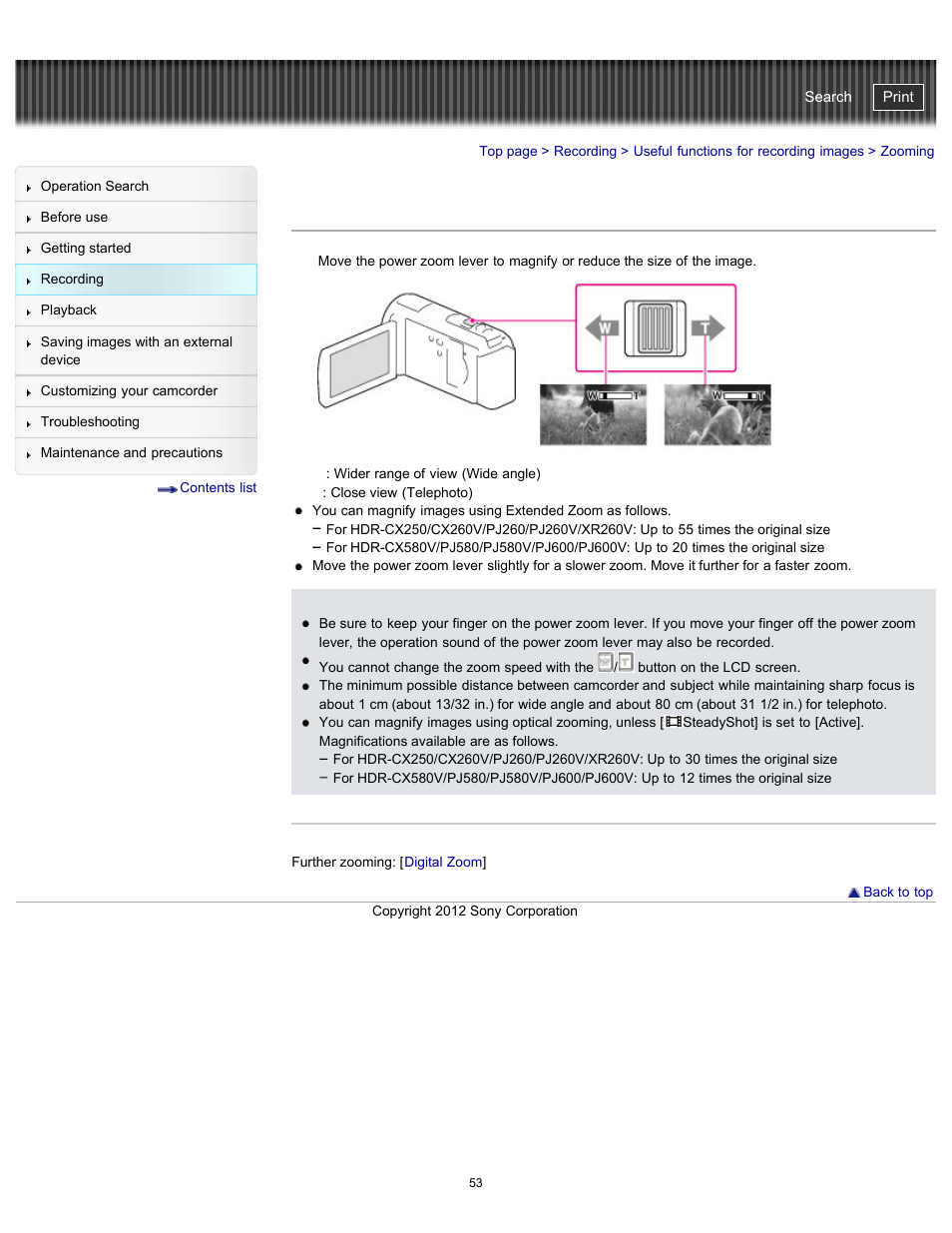 Zooming, Handycam" user guide | Sony HDR-PJ580V User Manual | Page 62 / 257