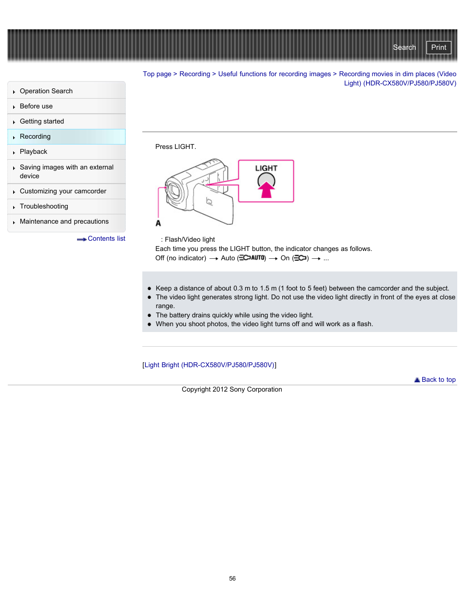 Recording movies in dim places, Handycam" user guide | Sony HDR-PJ580V User Manual | Page 65 / 257