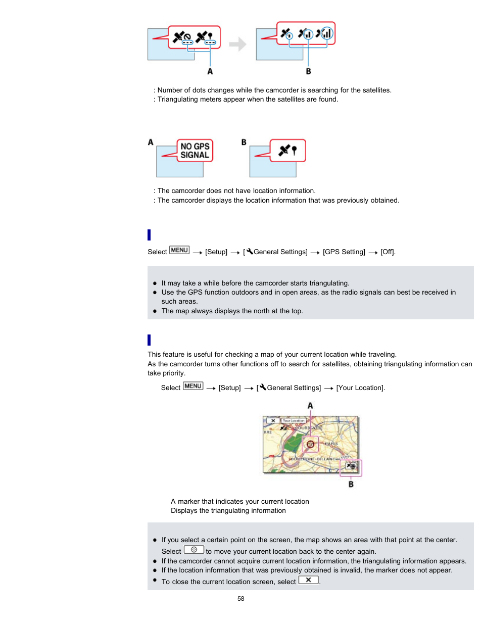 If you do not want to record location information, To obtain a map of the current location | Sony HDR-PJ580V User Manual | Page 67 / 257