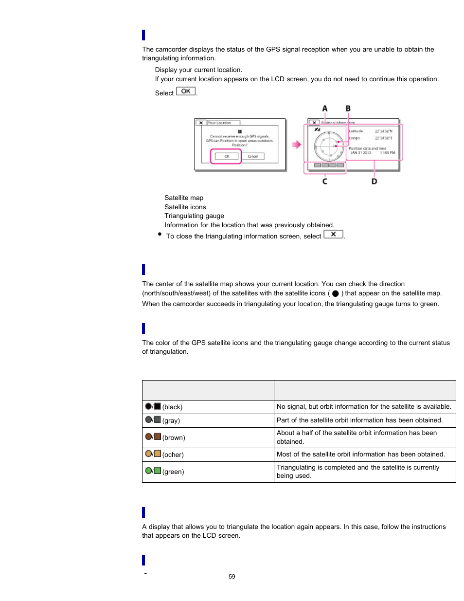 To check the triangulating status, On the satellite map and triangulating gauge, Hints for better reception | Sony HDR-PJ580V User Manual | Page 68 / 257