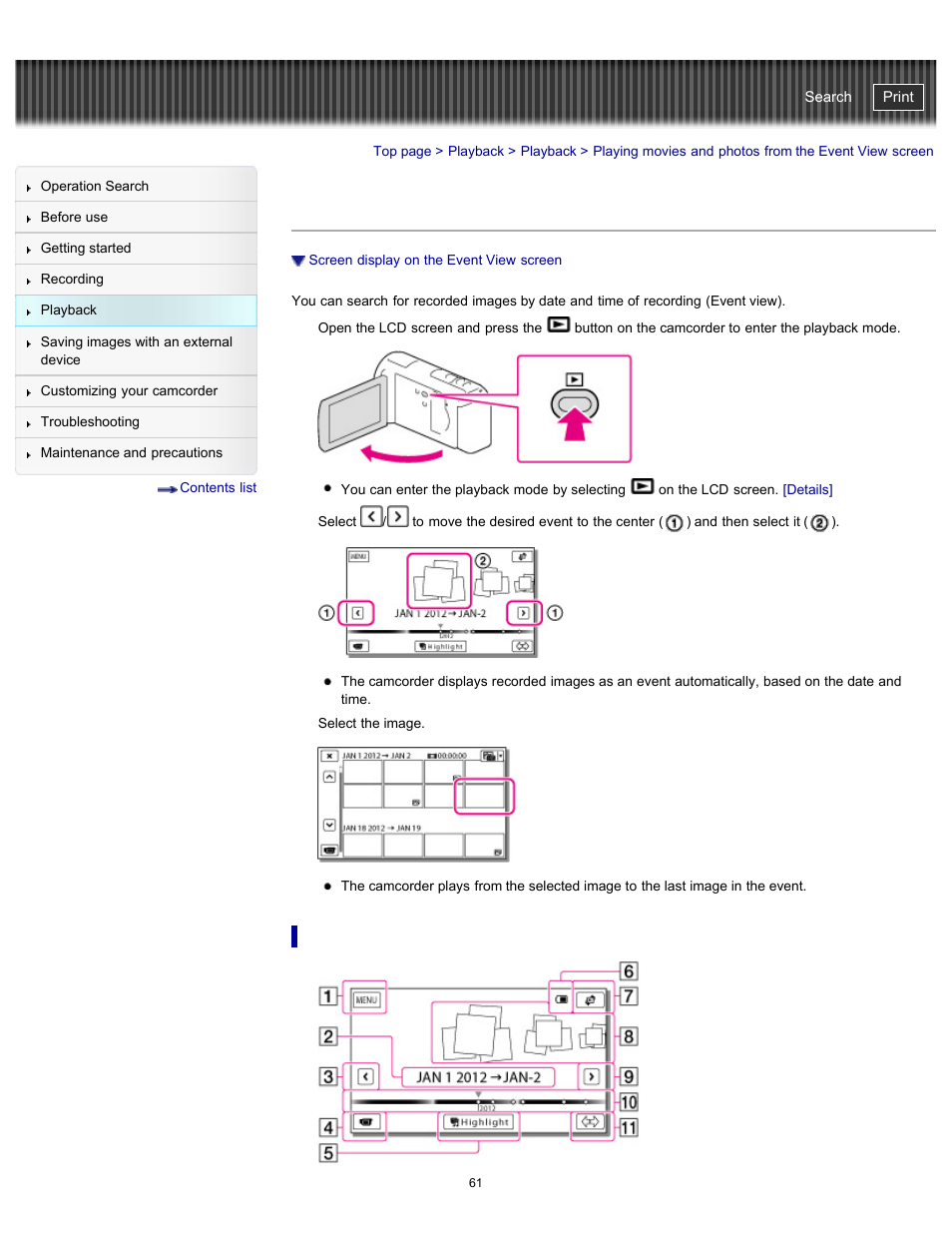 Screen display on the event view screen, Handycam" user guide | Sony HDR-PJ580V User Manual | Page 70 / 257
