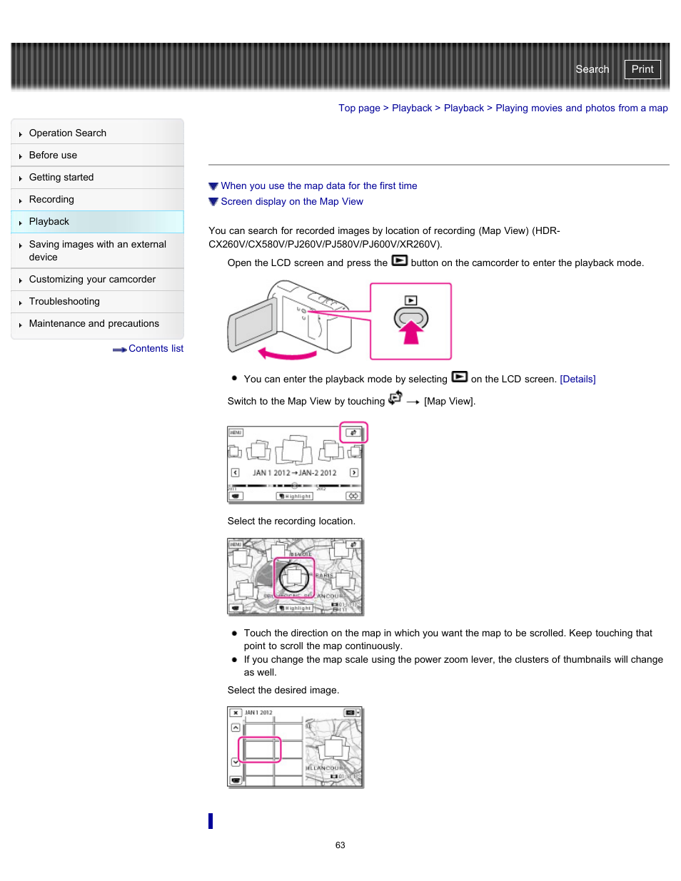 Playing movies and photos from a map, When you use the map data for the first time, Handycam" user guide | Sony HDR-PJ580V User Manual | Page 72 / 257