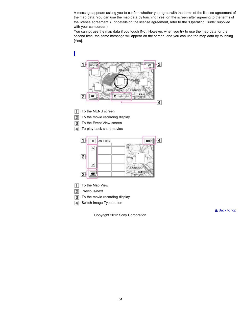 Screen display on the map view | Sony HDR-PJ580V User Manual | Page 73 / 257