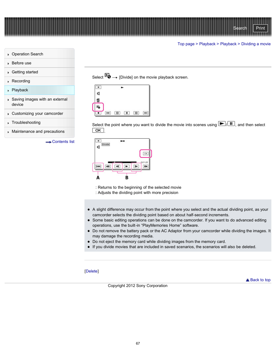Dividing a movie, Handycam" user guide | Sony HDR-PJ580V User Manual | Page 76 / 257