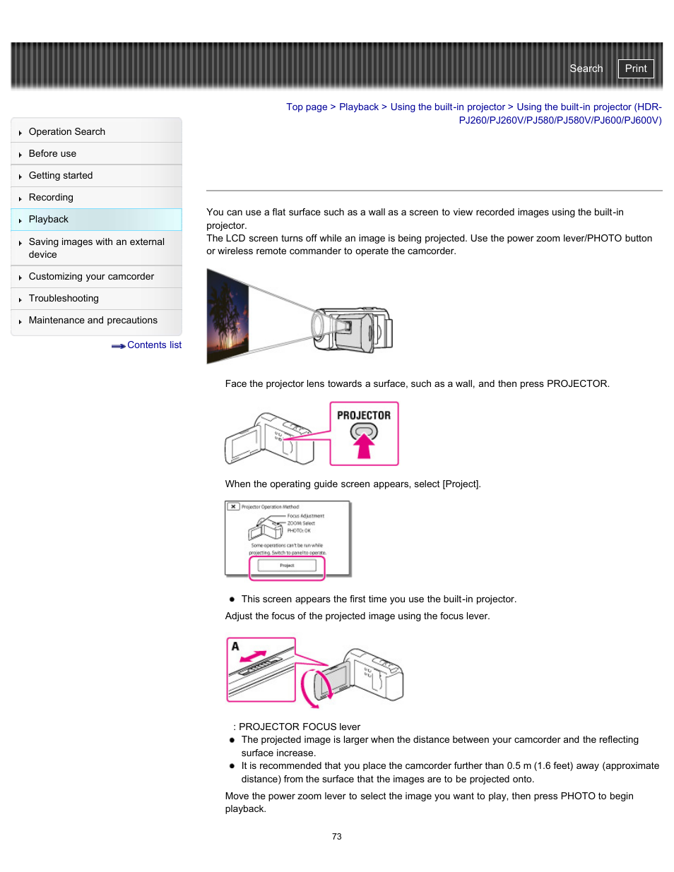 Using the built-in projector, Handycam" user guide | Sony HDR-PJ580V User Manual | Page 82 / 257