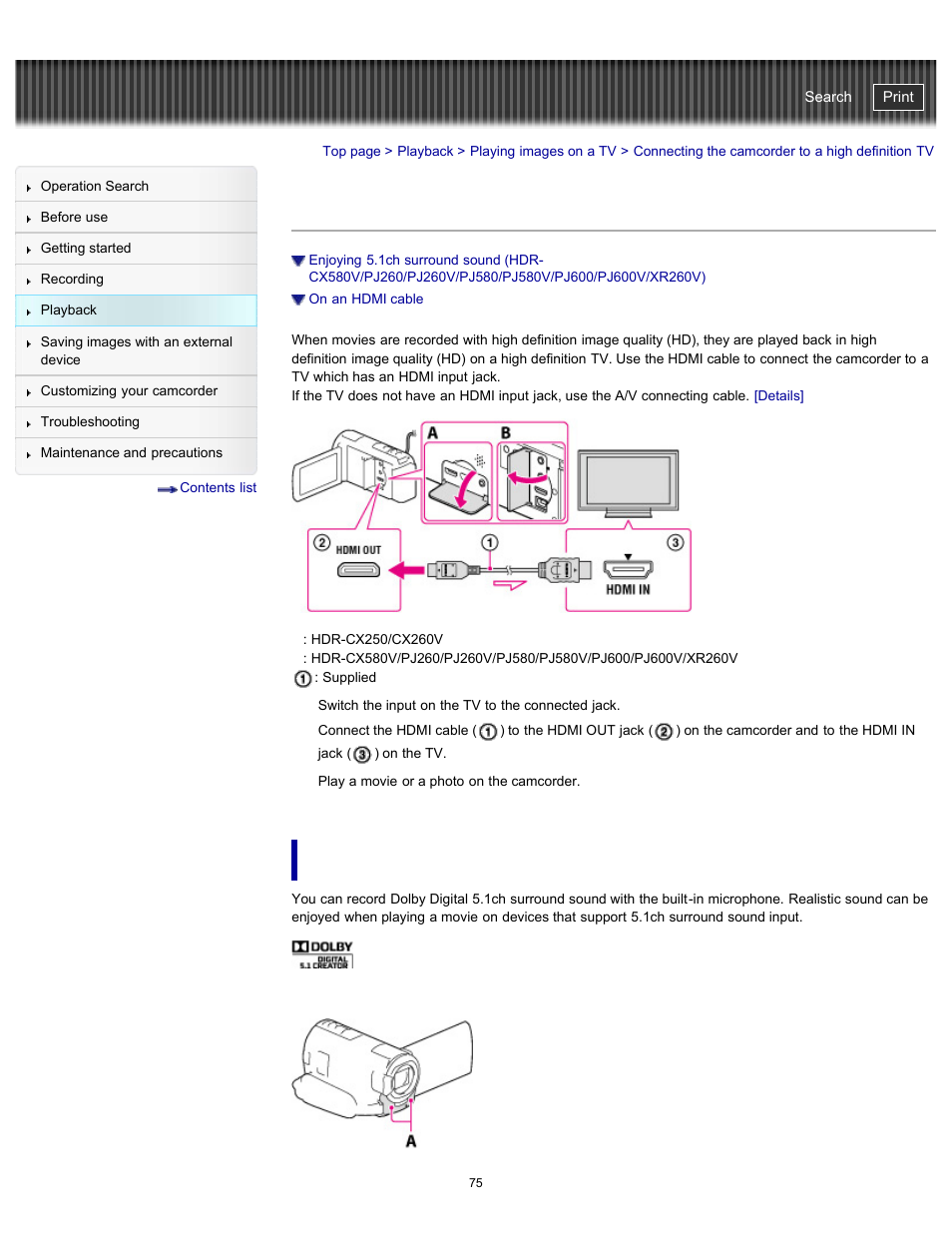 Connecting the camcorder to a high definition tv, Enjoying 5.1ch surround sound, Handycam" user guide | Sony HDR-PJ580V User Manual | Page 84 / 257