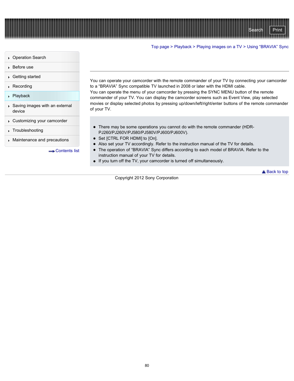 Using “bravia” sync, Handycam" user guide | Sony HDR-PJ580V User Manual | Page 89 / 257