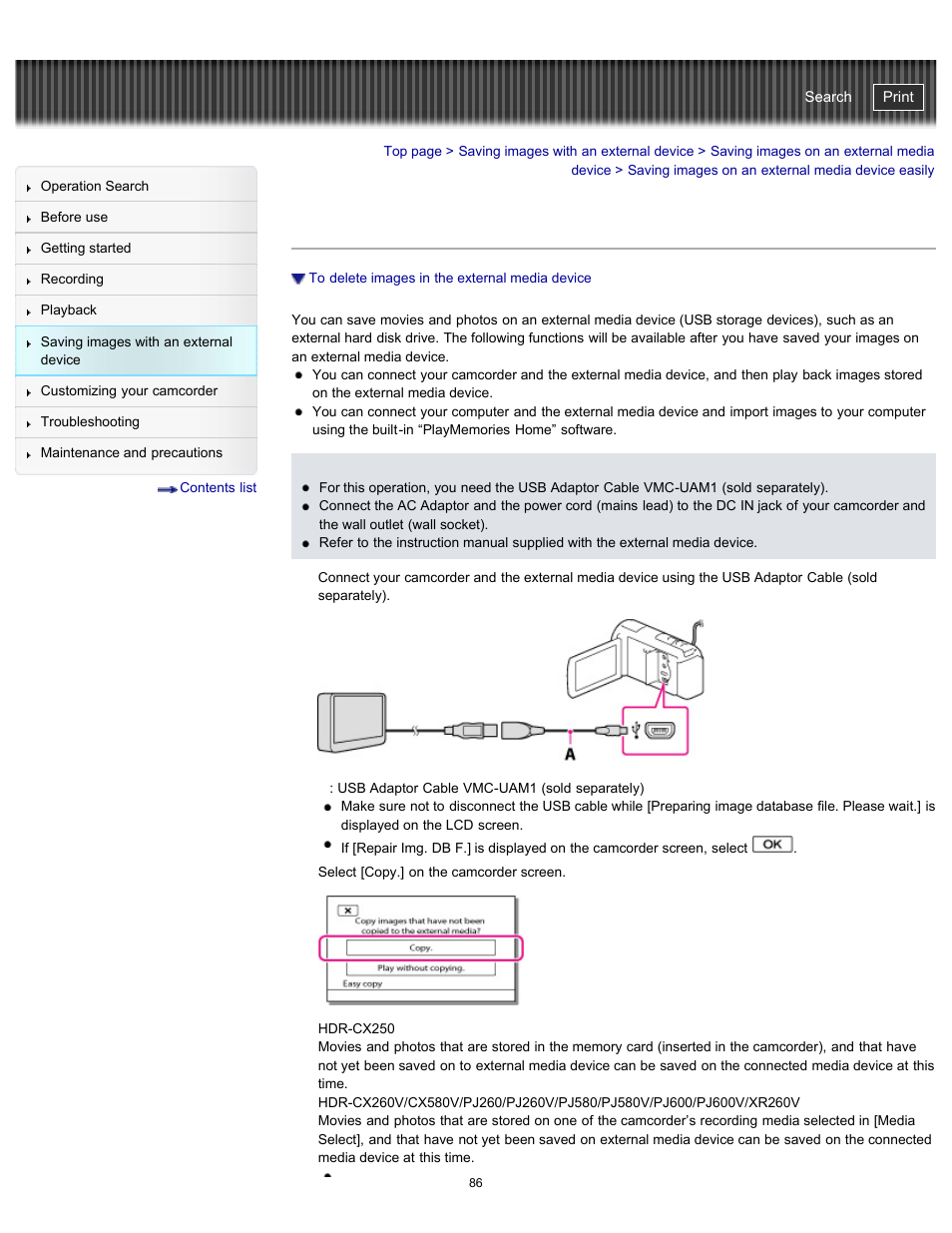 Saving images on an external media device easily, Details, Handycam" user guide | Sony HDR-PJ580V User Manual | Page 95 / 257