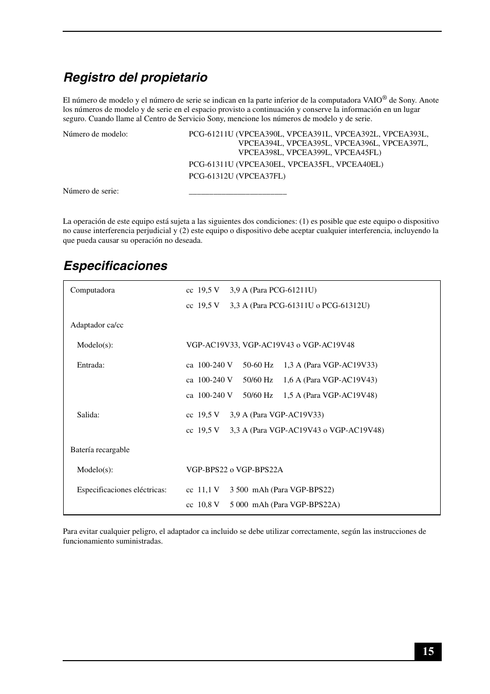 Registro del propietario, Especificaciones | Sony VPCEA48FX User Manual | Page 15 / 28