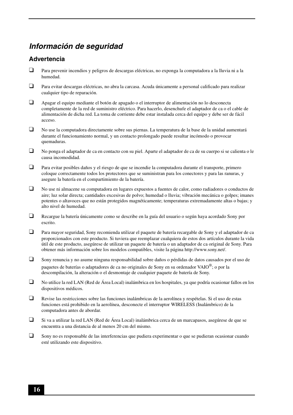 Información de seguridad | Sony VPCEA48FX User Manual | Page 16 / 28