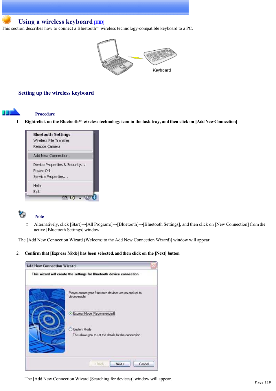 Using a keyboard, Using a wireless keyboard, Setting up the wireless keyboard | Sony Bluetooth Utility User Manual | Page 119 / 738