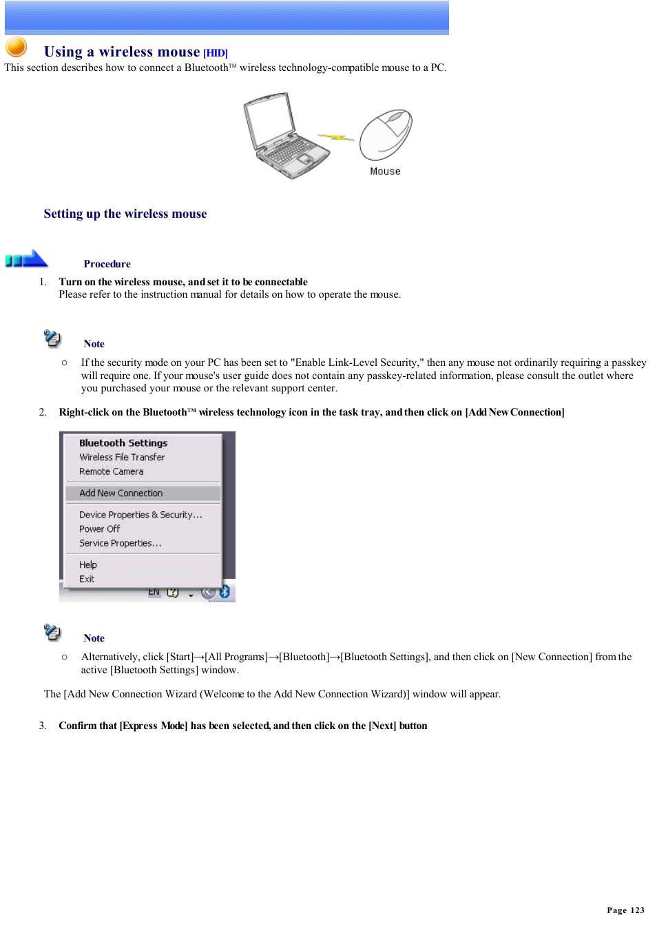 Using a mouse, Using a wireless mouse, Setting up the wireless mouse | Sony Bluetooth Utility User Manual | Page 123 / 738