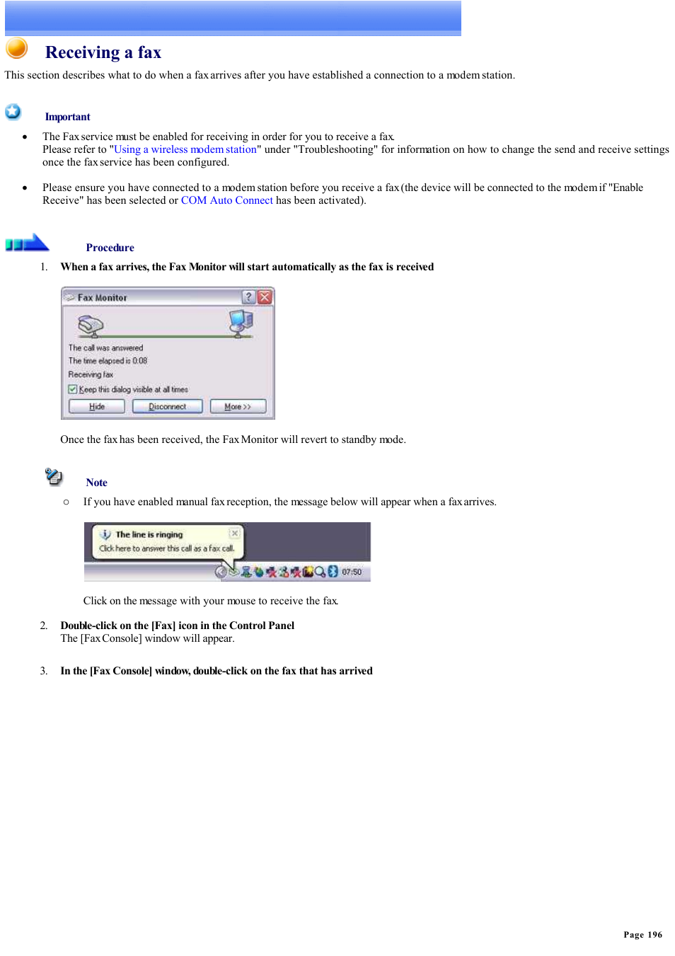 Receiving a fax | Sony Bluetooth Utility User Manual | Page 196 / 738