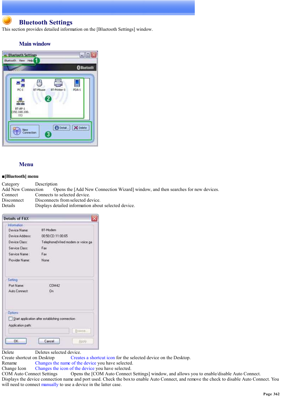 Details of bluetooth™ utility functions, Bluetooth settings | Sony Bluetooth Utility User Manual | Page 362 / 738