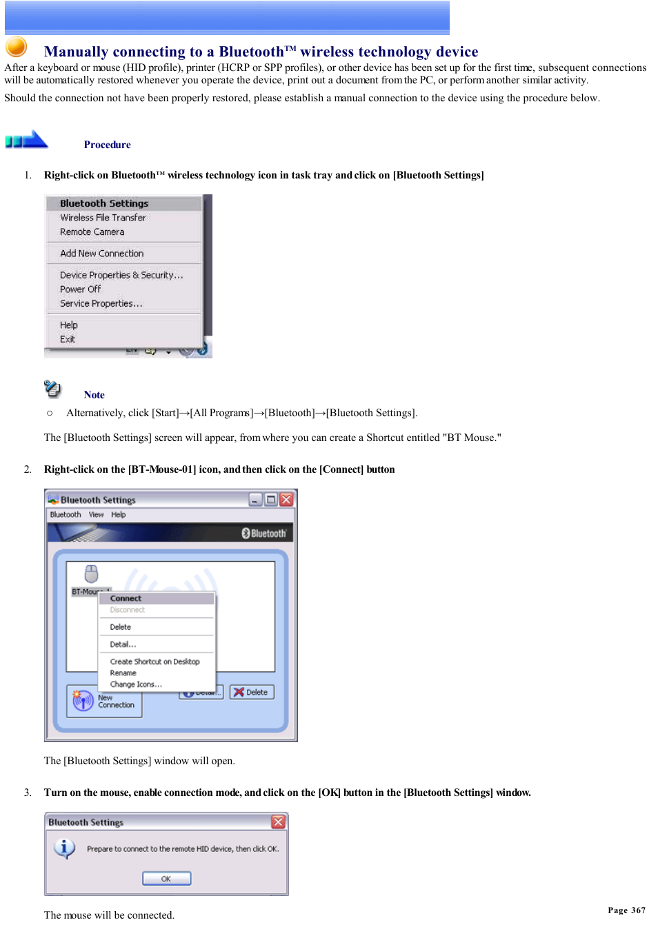 Will need to connect, Manually, Manually connecting to a bluetooth | Wireless technology device | Sony Bluetooth Utility User Manual | Page 367 / 738