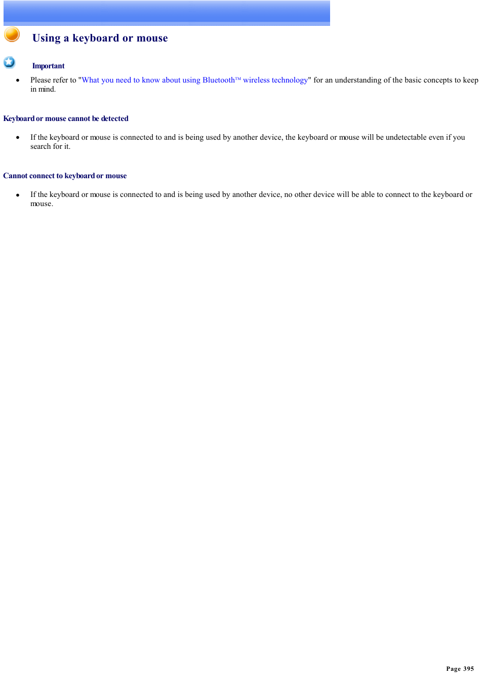 Using a keyboard or mouse | Sony Bluetooth Utility User Manual | Page 395 / 738