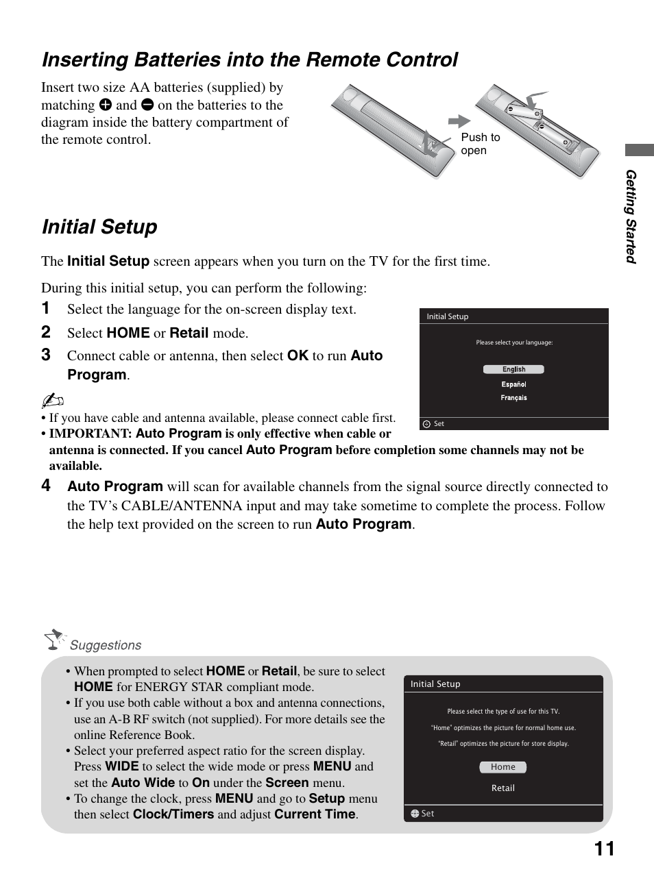 Inserting batteries into the remote control, Initial setup, Inserting batteries into the remote | Control, 11 inserting batteries into the remote control | Sony KDL-46V5100 User Manual | Page 11 / 24