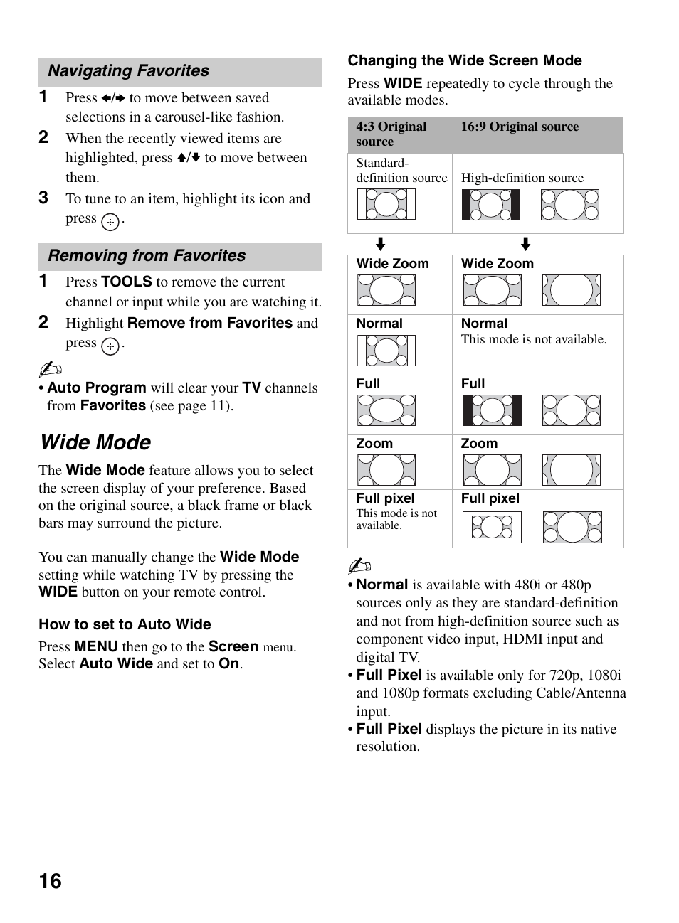 Wide mode | Sony KDL-46V5100 User Manual | Page 16 / 24