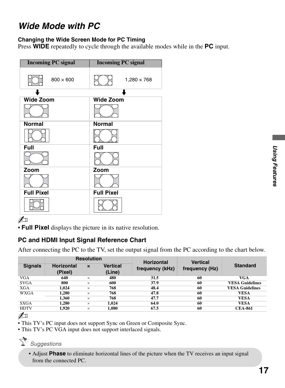 Wide mode with pc, 17 wide mode with pc | Sony KDL-46V5100 User Manual | Page 17 / 24